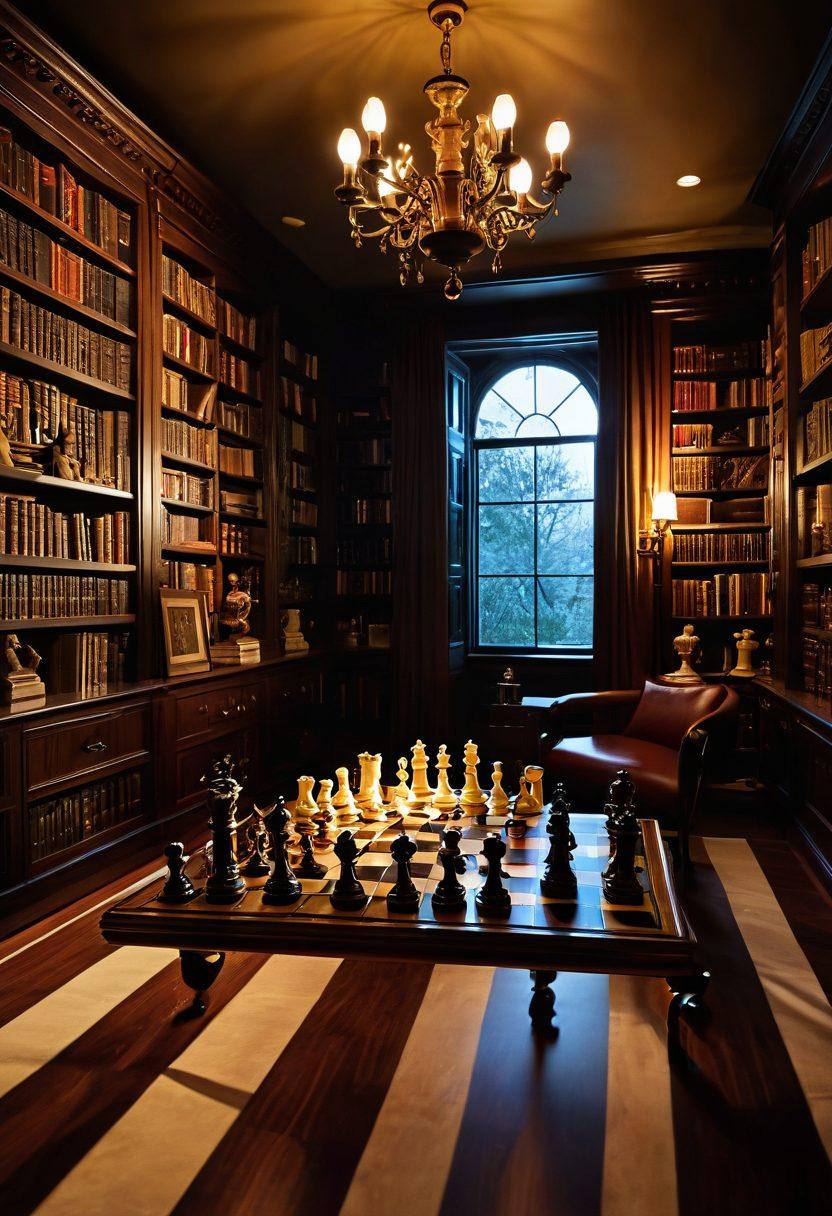 A dramatic chessboard featuring chess pieces in mid-game, showcasing a variety of strategic positions with a focus on the king and queen. The background is an elegant library with bookshelves stacked with chess strategy books, soft lighting casting shadows on the board. A clock ticks down on the side, emphasizing the tension of a timed game. The colors should be rich and warm, creating a cozy yet intense atmosphere. vibrant colors. super-realistic.