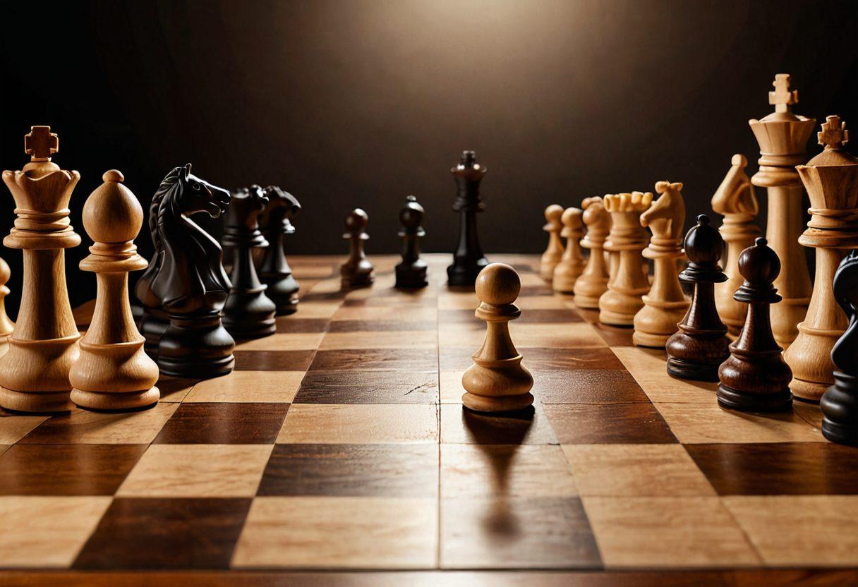 A dramatic chessboard scene featuring a novice player vs. a seasoned champion, showcasing intense focus on their faces. The pieces are elegantly crafted with a mix of classic wood and modern designs, symbolizing the evolution of chess strategies. A faint outline of a game strategy diagram hovers in the background, hinting at the learnings. Soft, warm lighting creates an inviting atmosphere, while hints of chess literature and tools are scattered around. super-realistic. warm colors. dramatic lighting.